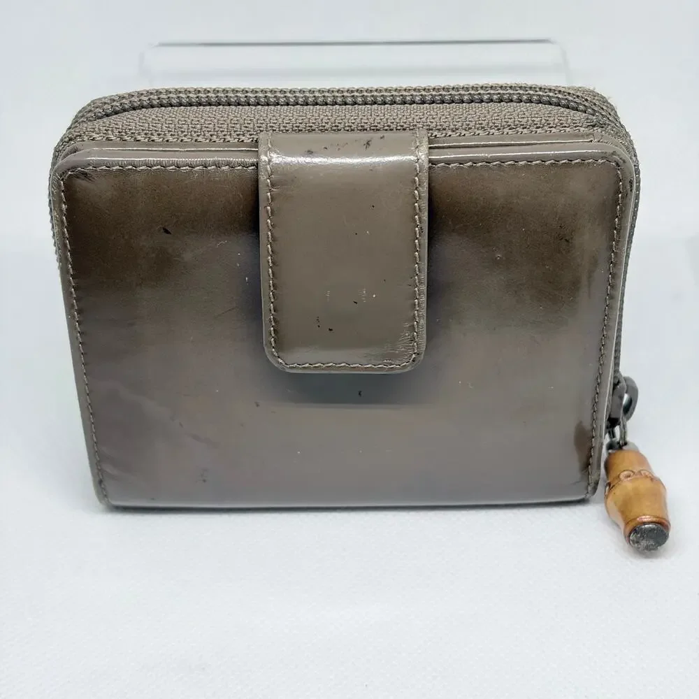 Gucci Bamboo Compact Zip Around Bifold Wallet Taupe Patent Leather